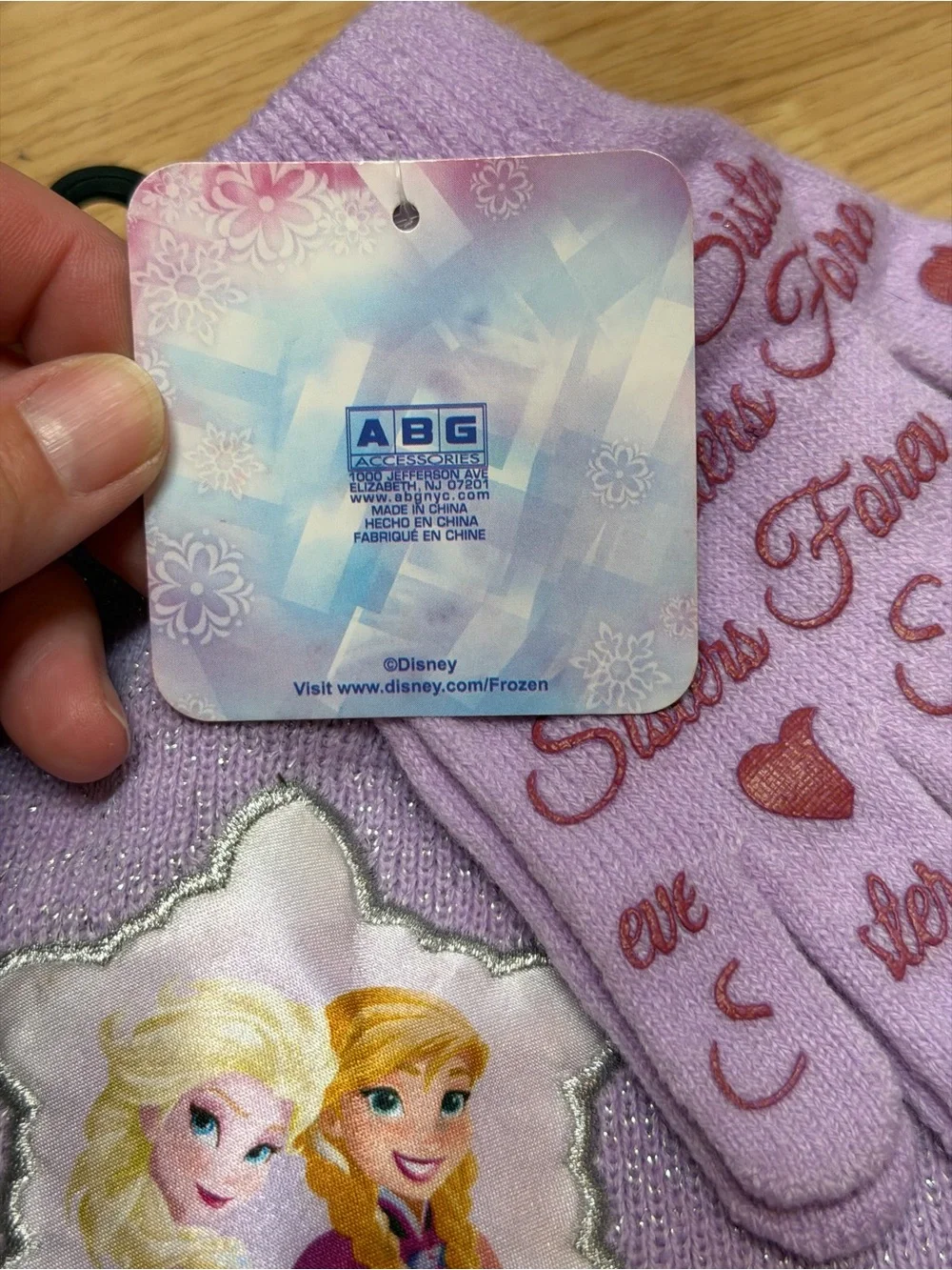 Disney Frozen Girls One Size Purple Glitter Elsa Anna Knit Beanie Gloves Set NWT